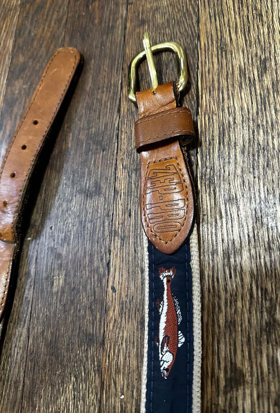 ZEP-PRO Mens Embroidered Fish Motif Ribbon Belt Leather Trim Made in USA Size 46